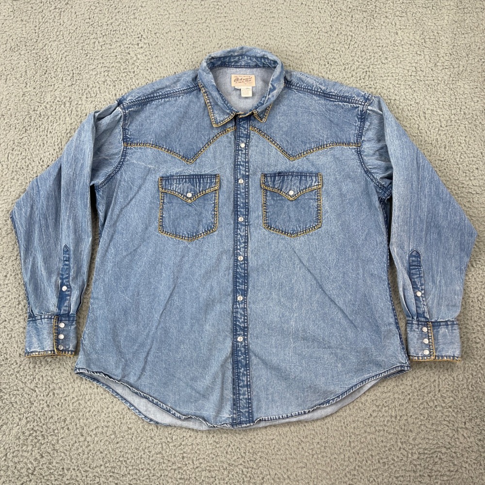 Rockmount Ranch Wear Shirt Mens 2XL Blue Denim Stonewashed Western Pearl Snap